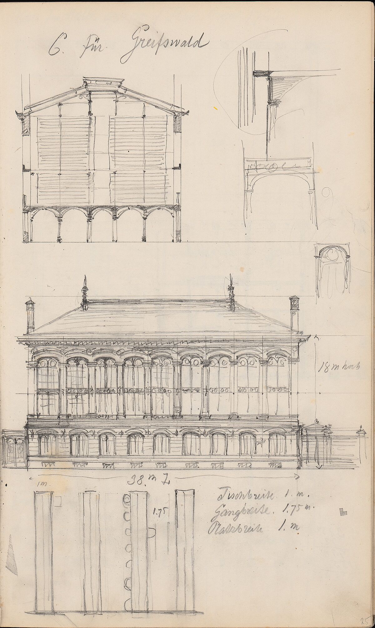 Mehrere Ansichten der Alten Universitätsbibliothek Greifswald, gezeichnet von Martin Gropius. Bleistift auf Papier.