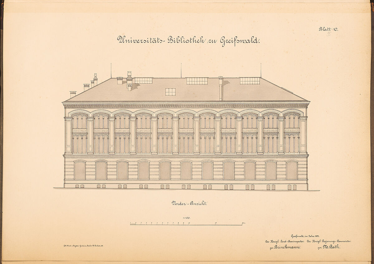 Vorderansicht der Alten Universitätsbibliothek Greifswald, Lithographie auf Papier.