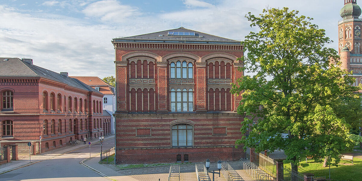 Blick vom Wall auf die Gebäude Altes Audimax und Alte Universitätsbibliothek.